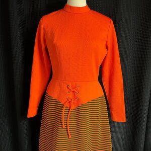 Vintage 60s Orange & Green Striped Corset Mod Go Go Dress  Groovy Retro Hippie